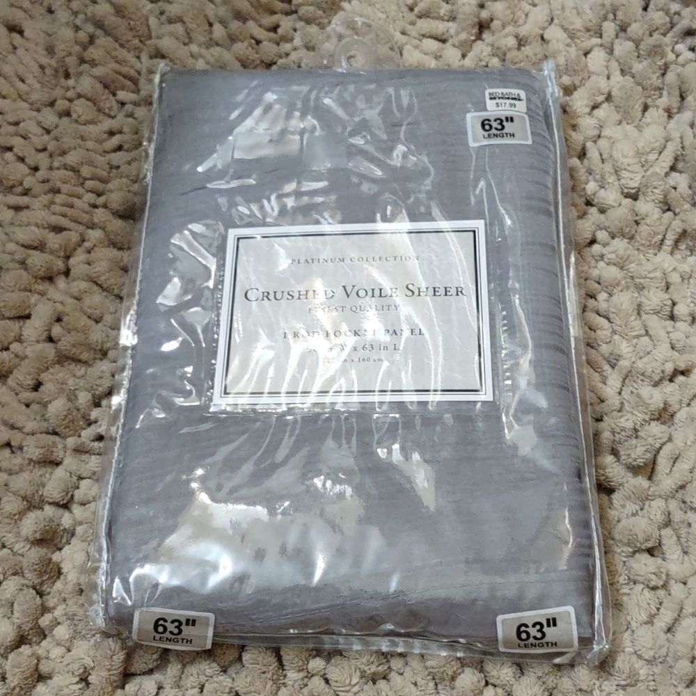 New Gray Silver Crushed Voile Rod Pocket Sheer Window‎ Panel, 63 in long 50 W